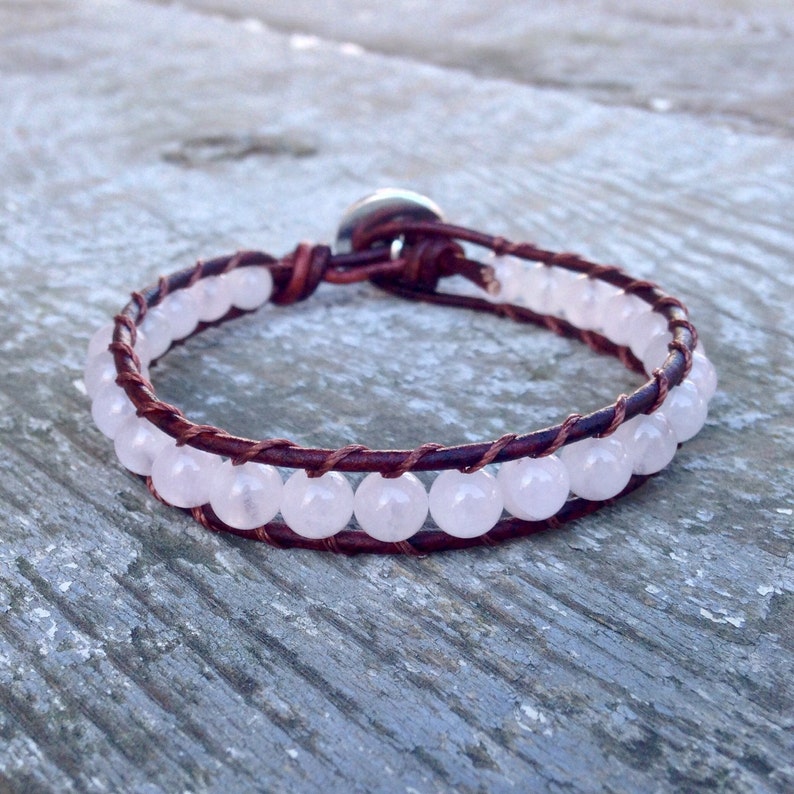 pink rose quartz beaded leather wrap bracelet with tree of life heart chakra for women and girls handmade image 2