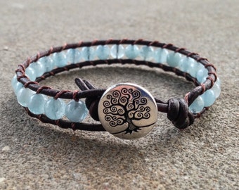 blue aquamarine leather wrap bracelet stone gemstone beads tree of life throat throat chakra