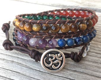 7 Chakra Leder Wickelarmband mit Unisex Regenbogen Stein Quarz Amethyst Lapis Malachit Tigerauge Karneol Turmalin handgemacht