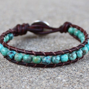 turquoise leather bracelet tree throat chakra unisex for guys and girls image 4