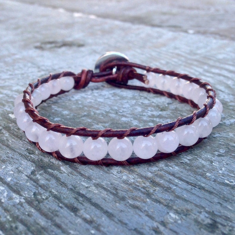 pink rose quartz beaded leather wrap bracelet with tree of life heart chakra for women and girls handmade image 3