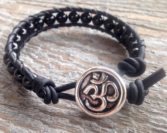 black tourmaline om beaded leather wrap bracelet for root chakra unisex men women october birthstone birthday handmade