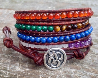 handmade seven chakra leather wrap bracelet om ohm rainbow moonstone amethyst lapis lazuli malachite energy healing