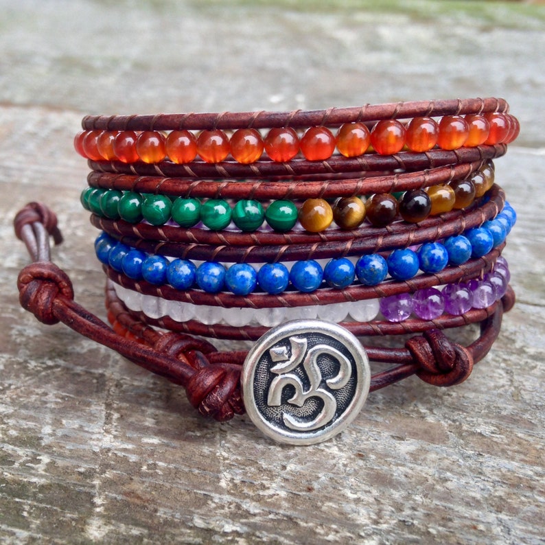 handmade seven chakra leather wrap bracelet om ohm rainbow moonstone amethyst lapis lazuli malachite energy healing image 1
