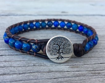 blaues Lapislazuli Perlen Wickelarmband Baum Knopf unisex Jungs Mädchen Jungen handgemacht