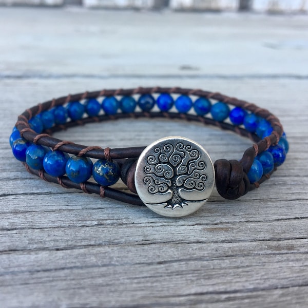 blue lapis lazuli beaded leather wrap bracelet tree button unisex guys girls handmade