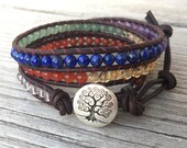 7 chakra bead leather wrap bracelet unisex rainbow tree stone red jasper carnelian citrine aventurine lapis amethyst crystal quartz