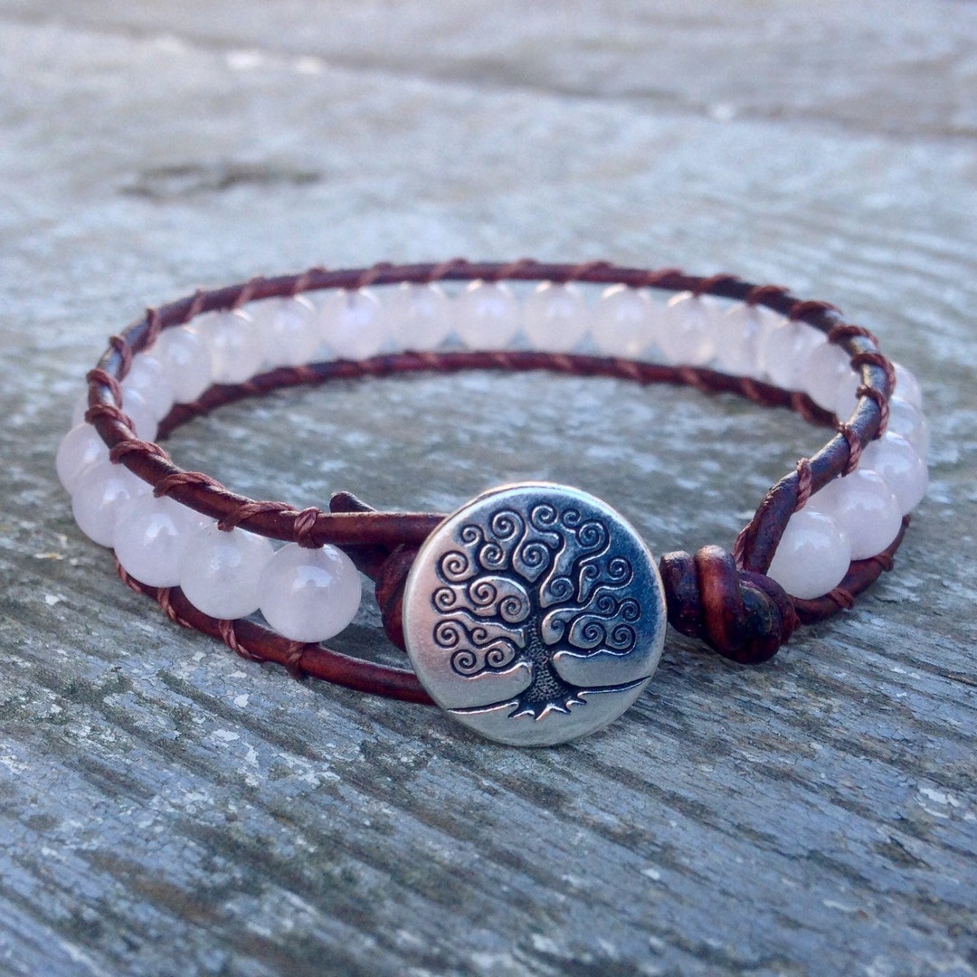 Pink Rose Quartz Beaded Leather Wrap Bracelet With Tree of Life Heart ...