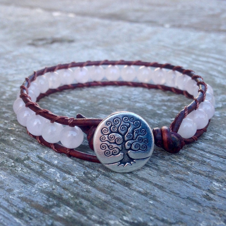 pink rose quartz beaded leather wrap bracelet with tree of life heart chakra for women and girls handmade image 1