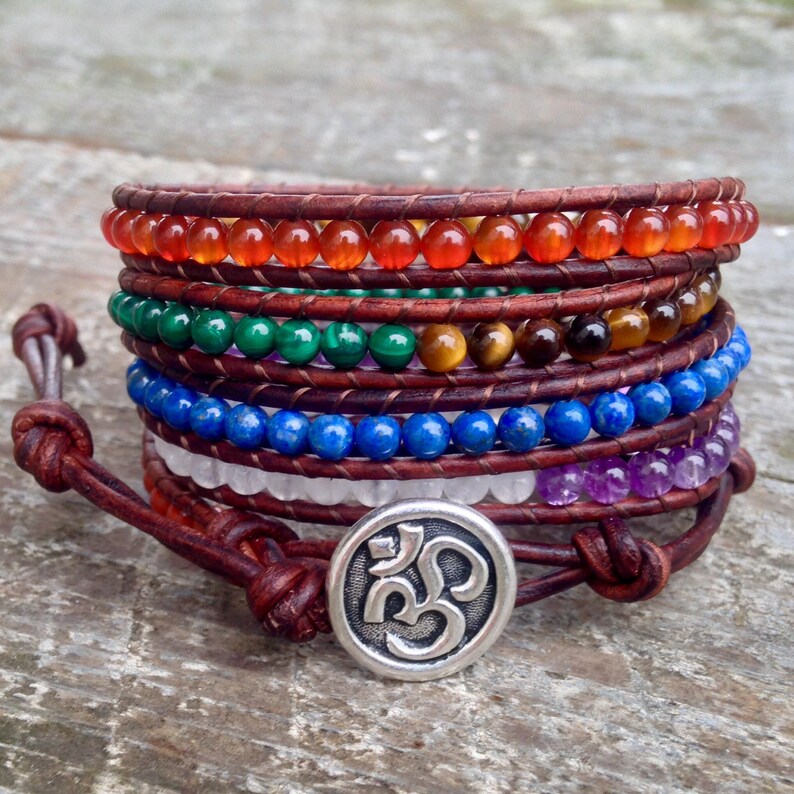 handmade seven chakra leather wrap bracelet om ohm rainbow moonstone amethyst lapis lazuli malachite energy healing image 2