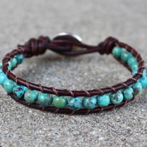 turquoise leather bracelet tree throat chakra unisex for guys and girls image 3