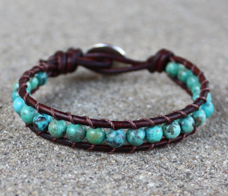 turquoise leather bracelet tree throat chakra unisex for guys and girls image 3