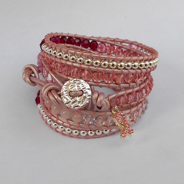 pink breast cancer awareness beaded leather wrap bracelet chan luu inspired feminine