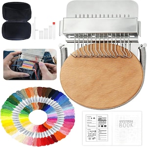 May include: A darning loom kit featuring a round wooden disc, a metal loom tool with hooks, a black storage case, a set of needles, a stitch book, and a circular arrangement of multi-colored embroidery thread skeins for textile repair.
