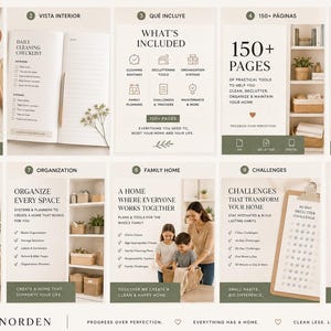 Puede incluir: Un planificador digital de limpieza y organización del hogar titulado Home Reset de Vivenorden, con diez paneles que muestran páginas para listas de verificación diarias, rutinas de limpieza, herramientas de organización y retos de 30 días.