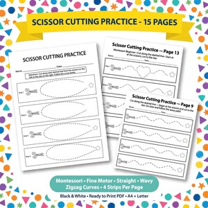 Puede incluir: Un conjunto de 15 páginas de práctica de corte con tijeras en blanco y negro con líneas discontinuas, iconos de tijeras y estrellas. Las hojas incluyen instrucciones para seguir caminos rectos, ondulados, en zigzag y curvos.