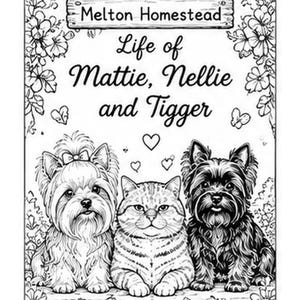 May include: A black and white coloring page featuring a wooden sign that reads Melton Homestead, followed by the text Life of Mattie, Nellie and Tigger. The illustration depicts two small dogs and a cat sitting together, surrounded by flowers.