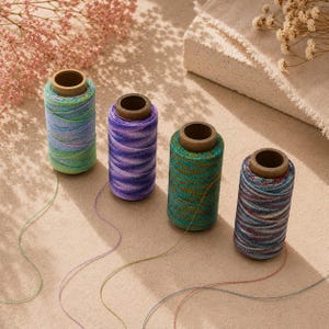 May include: Four cylindrical spools of metallic thread arranged in a row. The first spool is green and blue, the second is purple, the third is teal and gold, and the fourth is red, blue, and silver. Each spool has a brown cardboard core.