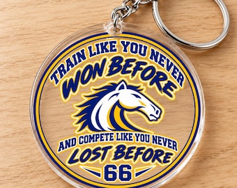 Horse Football Keychain, Number 66 Sports Bag Charm, Blue and Gold 2 Inch Acrylic Key Ring