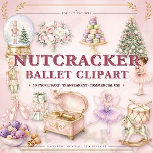 Puede incluir: Una colección digital de ilustraciones en acuarela que incluye una bola de nieve de cascanueces, un ramo de flores, una torre de macarons, un árbol de Navidad decorado, una bailarina, una caja de música, zapatillas y un caballo balancín.