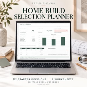 Peut inclure: Un ordinateur portable argenté affichant une feuille de calcul Home Build Selection Planner avec des tableaux de données, un graphique à barres et des indicateurs budgétaires. Le fichier Excel modifiable contient 112 décisions et 8 feuilles.