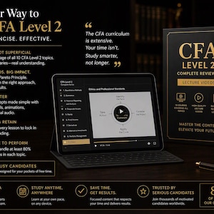 May include: A black tablet displaying a CFA Level 2 lecture video, positioned next to a black box labeled CFA Level 2 Complete Reviewer. The image features gold text detailing study features, including short videos, quizzes, and expert content.