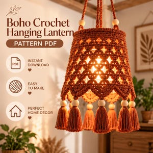 Boho Crochet Hanging Lantern Pattern PDF, Terracotta Pendant Lampshade with Tassels, Openwork Lace Light Shade, Handmade Home Decor Tutorial