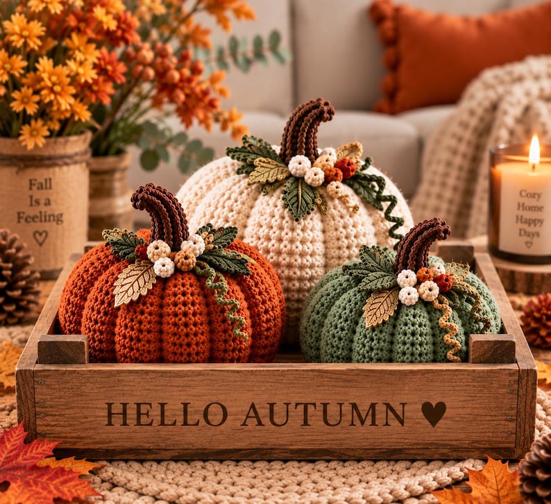 May include: Three crocheted pumpkins in orange, cream, and sage green sit inside a rectangular wooden crate engraved with the text HELLO AUTUMN and a heart. Each pumpkin features a dark brown stem, green leaves, and small white berries.