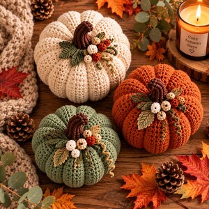 May include: Three crocheted pumpkins in cream, orange, and sage green, each topped with a dark brown stem, small fabric leaves, and clusters of tiny berries. The pumpkins are arranged on a wooden surface with pinecones and autumn leaves.