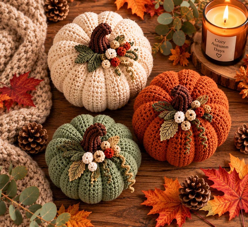 May include: Three crocheted pumpkins in cream, orange, and sage green, each topped with a dark brown stem, small fabric leaves, and clusters of tiny berries. The pumpkins are arranged on a wooden surface with pinecones and autumn leaves.