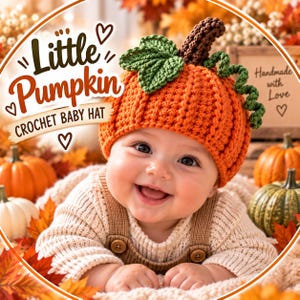May include: A bright orange crochet baby hat shaped like a pumpkin, featuring a dark brown stem, green leaves, and curly green vines. The text Little Pumpkin CROCHET BABY HAT is visible in the upper left corner, with Handmade with Love on the right.