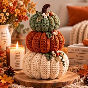 May include: A stack of three crocheted pumpkins in sage green, burnt orange, and cream, each topped with small crocheted leaves, berries, and a dark brown stem. The pumpkins are arranged vertically on a round wooden base, creating a textured display.
