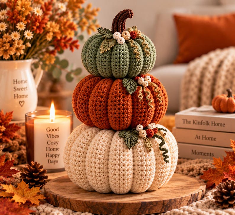 May include: A stack of three crocheted pumpkins in sage green, burnt orange, and cream, each topped with small crocheted leaves, berries, and a dark brown stem. The pumpkins are arranged vertically on a round wooden base, creating a textured display.