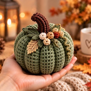 May include: A sage green crocheted pumpkin featuring a dark brown stem, small cream and tan crocheted berries, and a metallic gold leaf charm. The pumpkin has a ribbed texture and is decorated with crocheted green leaves and a curly vine accent.