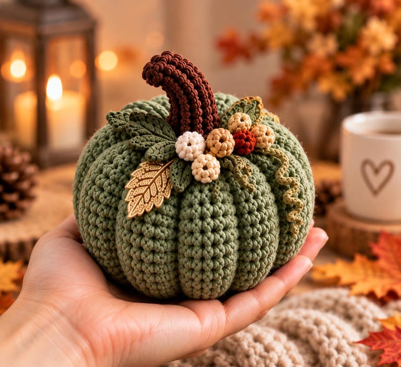 May include: A sage green crocheted pumpkin featuring a dark brown stem, small cream and tan crocheted berries, and a metallic gold leaf charm. The pumpkin has a ribbed texture and is decorated with crocheted green leaves and a curly vine accent.