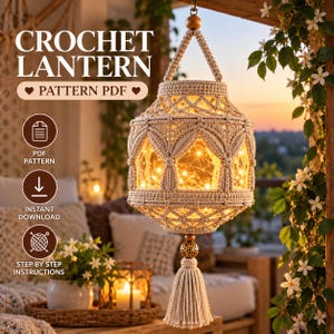 May include: A beige crochet lantern featuring intricate knotted patterns and a central light source. The text reads CROCHET LANTERN PATTERN PDF, PDF PATTERN, INSTANT DOWNLOAD, and STEP BY STEP INSTRUCTIONS. A decorative tassel hangs from the bottom.