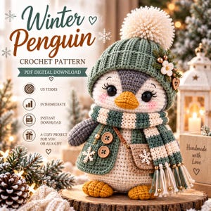 Op de afbeelding: Een gehaakte pinguïnpop met een groene geribbelde muts met een witte pompon, een bijpassende groen-wit gestreepte sjaal en een groen vestje met twee houten knopen. De pinguïn heeft een gele snavel, oranje voeten en een klein bruin zijtasje.