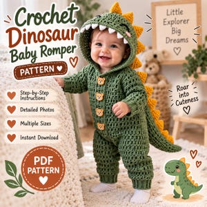 May include: A green crochet dinosaur baby romper featuring a hood with white teeth, yellow dorsal spikes, and four brown bear-shaped buttons down the front. The text on the image reads Crochet Dinosaur Baby Romper Pattern, Little Explorer Big Dreams, and Roar into Cuteness.