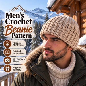May include: A beige ribbed crochet beanie worn on a head. The image includes text: Men's Crochet Beanie Pattern, Printable PDF Pattern, Detailed Instructions, Step by Step Photos, and Beginner Friendly, set against a snowy mountain background.