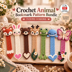 Op de afbeelding: Een digitaal PDF-patroonpakket voor zeven gehaakte dierenbladwijzers met een vos, konijn, beer, hert, kikker, walvis en vlinder. De tekst luidt Crochet Animal Bookmark Pattern Bundle, 7 CUTE DESIGNS en BEGINNER FRIENDLY.