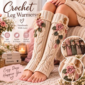 May include: Cream-colored crochet leg warmers featuring a vertical leaf pattern, two brown wooden buttons at the top, and decorative floral appliques in pink, white, and green with small pearl centers. The set includes various color options.