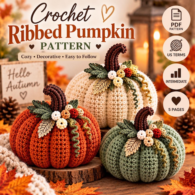 May include: A digital pattern for a crochet ribbed pumpkin featuring three handmade pumpkins in orange, cream, and sage green. Each pumpkin has a dark brown stem, green crocheted leaves, small white and red berries, and a metallic gold leaf accent.