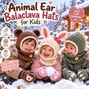 May include: Three children wearing crocheted animal balaclava hats with matching mittens. The brown hat features bear ears, the cream hat has long rabbit ears with a pink bow, and the green hat displays dinosaur spikes. Each hat includes a wooden button.