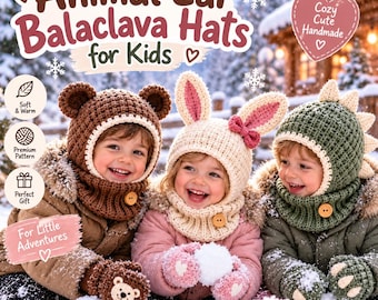 Kids Crochet Balaclava Pattern PDF, Animal Ear Hood Hat, Bear Bunny Cat Dino Winter Hood, Toddler Neck Warmer, Digital Crochet Pattern