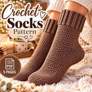 May include: A pair of brown crochet socks with a ribbed cuff and a textured stitch pattern. The image includes text that reads Crochet Socks Pattern and a circular badge indicating a 5-page PDF document for this craft project.