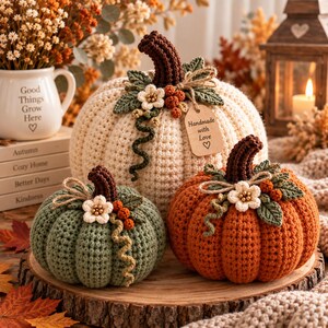 May include: Three crocheted pumpkins in cream, sage green, and orange, each topped with a dark brown stem, green leaves, small white flowers, and orange berries. A wooden tag attached to the cream pumpkin reads Handmade with Love.