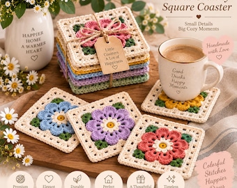 Crochet Floral Granny Square Coaster Pattern PDF, Vintage Flower Crochet Pattern, Easy DIY Table Decor, Handmade Gift, Digital Download