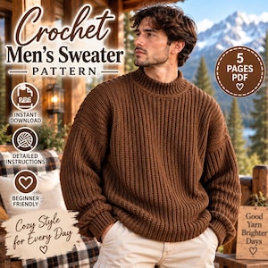 Pode incluir: Um suéter marrom de manga comprida com textura de tricô canelado e gola alta. A imagem inclui o texto: Crochet Men's Sweater Pattern, 5 Pages PDF, Instant Download, Detailed Instructions, Beginner Friendly, Cozy Style for Every Day.