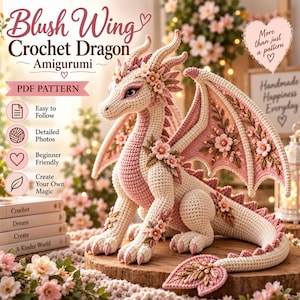 Könnte beinhalten: Ein cremefarbenes und rosafarbenes Häkeldrachen-Amigurumi mit floralen Verzierungen an Flügeln und Körper. Der Text lautet Blush Wing Crochet Dragon Amigurumi, PDF PATTERN, Easy to Follow, Detailed Photos, Beginner Friendly, Create Your Own Magic.