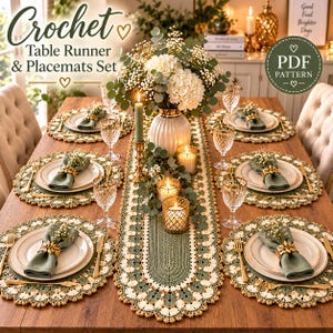 May include: A crochet table runner and placemats set featuring a sage green and cream floral pattern. The set includes circular placemats with scalloped edges and a matching elongated runner, displayed on a wooden table with white plates and napkins.